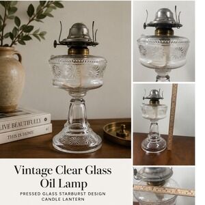 Eagle Oil Lamp Clear Glass Starburst Pedestal Vintage 9" Decor Missing Chimney